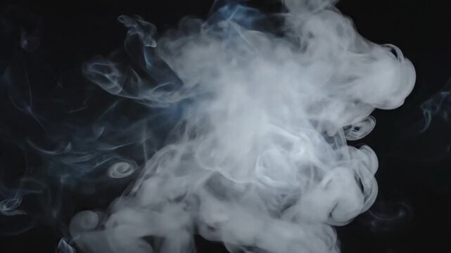 White smoke cloud floating in black background, flowing gently with swirling tendrils, creating dynamic vapor formation visual effect.