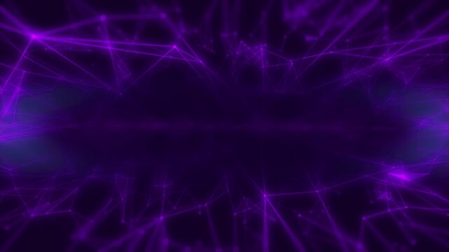 Abstract digital low poly data network flowing 4K motion concept on purple background.