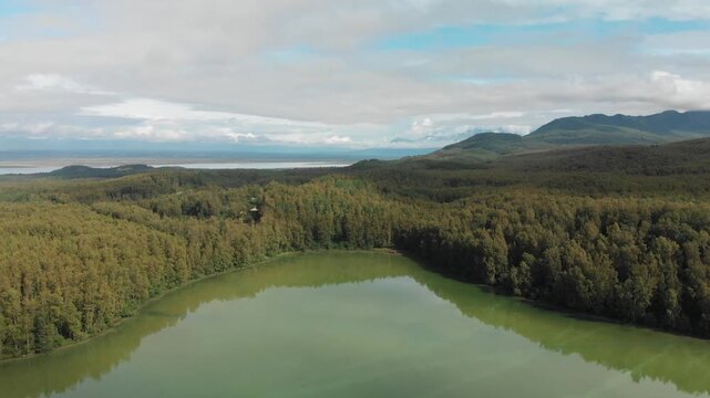 Aerial view of Edmonds Lake and Alaskan wilderness next to Glenn Highway 