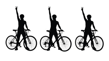 Obraz premium Three silhouettes of cyclists holding their hands up in victory next to their bikes depicts sports achievement, team success, and active lifestyle.