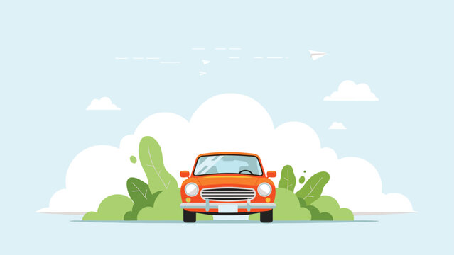 Front view of a vintage orange car parked in front of large white clouds and green bushes symbolizes road trips, travel, and classic car design.
