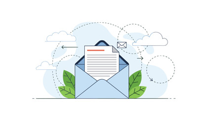 Naklejka premium Open blue envelope with a written paper letter inside surrounded by floating clouds and dotted communication path lines.
