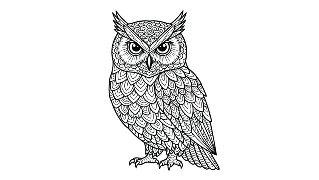 Intricate zentangle line art of an owl with detailed feathers and patterns for adult coloring books and artistic designs.