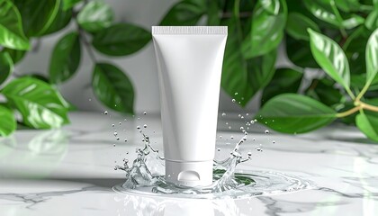 White Cosmetic Tube with Water Splash and Green Leaves.