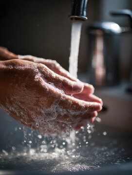 Person thoroughly washing foamy hands under running faucet water in a modern sink for hygiene and cleanliness in daily routine