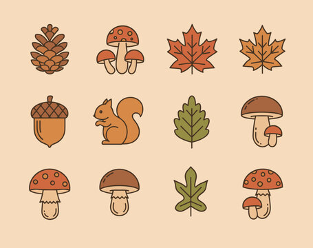 Autumn season nature elements collection featuring squirrel pinecone mushrooms acorns and maple leaves in warm earthy colors flat style