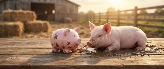Playful piglets enjoying muddy fun on a farm in the golden hour captivating animal photography in a rustic outdoor setting