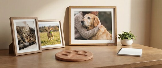 Heartwarming moments with pets adorable dog and cat portraits framed in cozy living room natural light inviting environment emotional connection