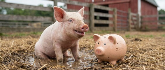 Playful piglet and piggy bank in barnyard farm setting cute animal interaction rustic environment whimsical viewpoint concept of savings and prosperity