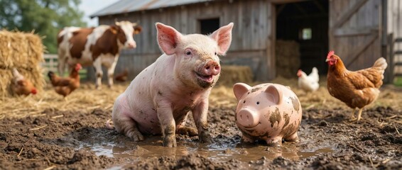 Playful piglets and their charming piggy bank in a rustic farmyard setting captured in a lively outdoor environment with a focus on animal playfulness and rural charm
