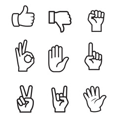 Minimalist Hand Gesture Icon Set Featuring Thumbs Up, Peace Sign, and OK Symbol in Black Outline Style