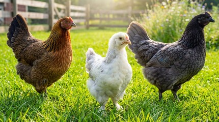 Fototapeta premium Mixed Breed Chickens with Varied Feathering Symbolizing Farm Diversity, Agriculture, Livestock, Poultry Farming, Rural Life