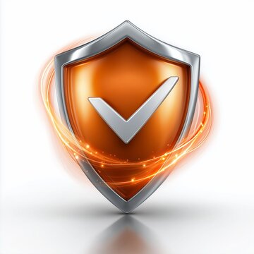 Dreidimensionales Sicherheitsschild-Symbol mit H&auml;kchen in orange-metallic-Optik mit Flammeneffekt auf wei&szlig;em Hintergrund