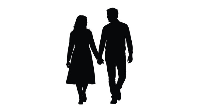 Silhouette of a loving couple walking forward while holding hands against a white background