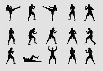 Fototapeta premium Professional mixed martial arts and boxing silhouettes showing various fighting poses kicks and punches isolated on grey background vector