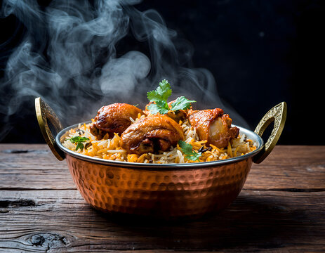 hot steaming chicken biryani in copper pot against dark rustic background