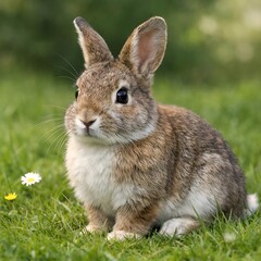 Obraz premium Highly Realistic Rabbit Sitting on Fresh Green Grass in Natural Daylight