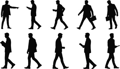 Obraz premium Black silhouettes of business professionals in various poses including walking, holding briefcase, and using mobile device, symbolizing corporate behavior, teamwork, and office illustration
