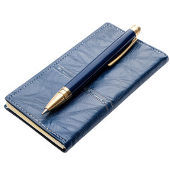 A blue pen and notebook on a white background.