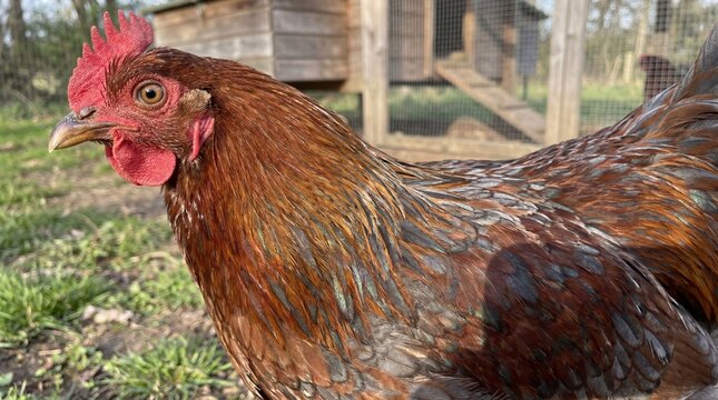 Red Rooster with Glossy Feathers Displaying Vibrant Plumage in Farm Setting, Agriculture, Livestock, Poultry Farming, Animal Husbandry