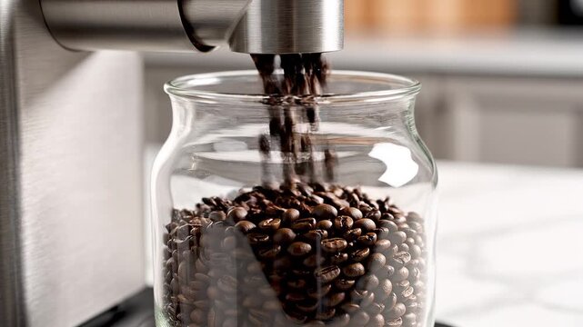 Slow motion pour of bulk coffee beansinto glass container | Zero waste refill system and sustainable shopping footage