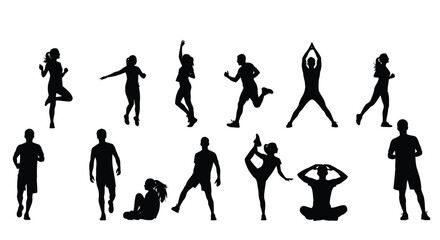 Obraz premium Collection of diverse male and female silhouettes engaging in various dynamic fitness and exercise poses