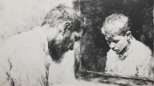 A poignant monochrome charcoal sketch depicts a bearded man looking down at the reflection of a young boy in a reflective surface, evoking themes of introspection and memory.