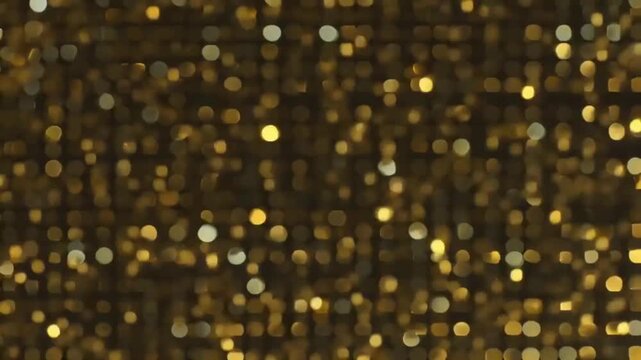 Golden glowing blinking lights forming a refined grid pattern with randomly sized dots, softly pulsing and fading in an elegant rhythm. Shimmering particles drift and sparkle across the scene