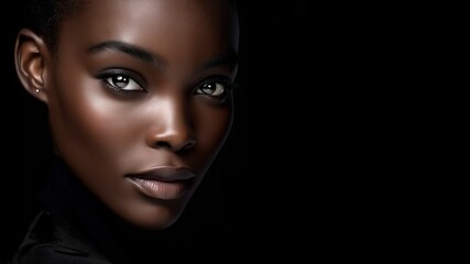 Fototapeta premium Nahaufnahme einer eleganten Afroamerikanischen Frau mit dunkler Haut und intensivem Blick vor dunklem Hintergrund mit dramatischer Beleuchtung