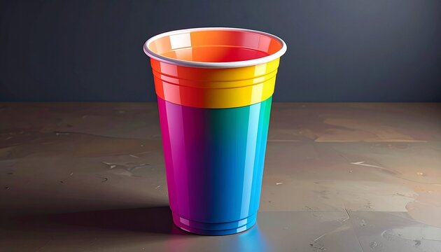 Colorful Rainbow Plastic Cup Standing on Gray Surface