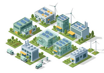 Modern sustainable cityscape with renewable energy sources like wind turbines and solar panels on buildings