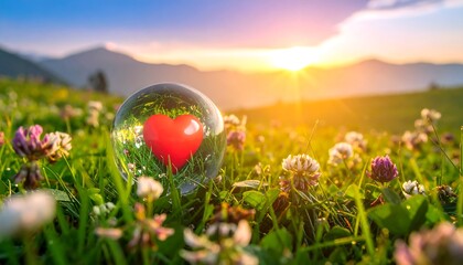 Red Heart in Crystal Ball on Grassy Field at Sunrise.