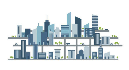 Obraz premium Vector city skyline illustration with skyscrapers, roads, cars, and trees, urban landscape, isolated on white