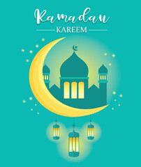 Ramadan kareem greeting card. eid mubarak greeting cartoon illustration vector. moon and star ramadan