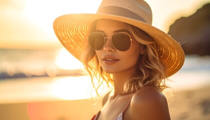 Beautiful Woman in Sun Hat and Sunglasses at Beach During Golden Hour.