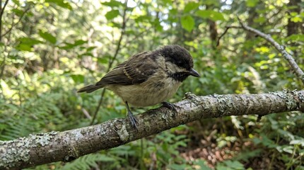 Black capped Chickadee with Gray and White Plumage Perched on Mossy Branch Symbolizing Nature Conservation, Wildlife Photography, Ornithology