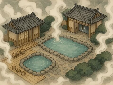 Traditional Japanese onsen with steaming pools and serene bathhouses. Relaxing atmosphere evokes tranquility and cultural immersion.
