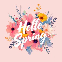 Hello spring greeting illustration with colorful flowers and elegant text showing blooming nature cheerful mood fresh season and a modern decorative floral design style.
