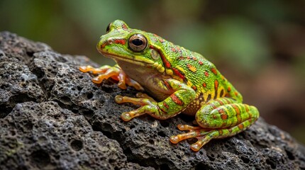 Obraz premium Vibrant Green Tree Frog with Red Eyes and Orange Toes Symbolizing Wildlife Conservation, Biodiversity