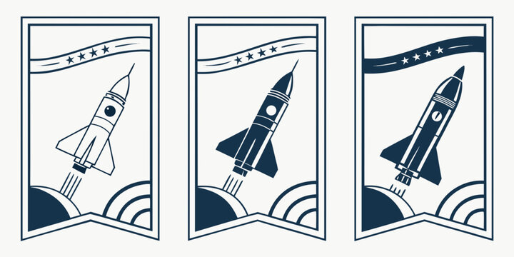 USA - Three vertical banner designs featuring rocket ships launching into space with stylized planet and star graphics in a simple minimalist dark blue and line art style for modern web and print 