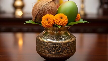 Elegant brass ritual vase with traditional decorative elements and natural offerings illustration