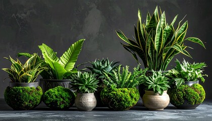 Assortment of Lush Green Houseplants in Decorative Pots.