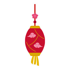 Traditional Chinese red paper lantern with gold tassels and pink clouds, isolated flat vector illustration.