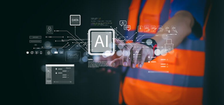 Engineer using futuristic touchscreen with AI artificial intelligence icon. Industrial technology concept for smart factory automation and digital data analysis transformation in business