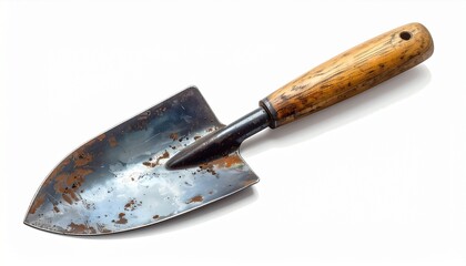 Rusty Metal Trowel with Wooden Handle on White Background