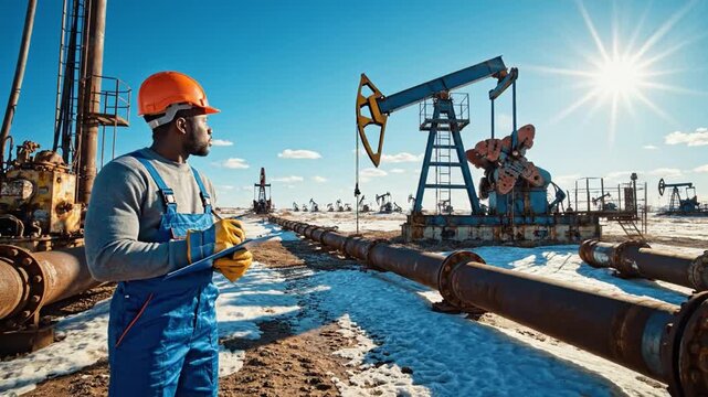 Oil Rig Supervisor: A focused oil rig supervisor stands confidently amidst the industrial landscape, his gaze fixed on the machinery as the sun shines.