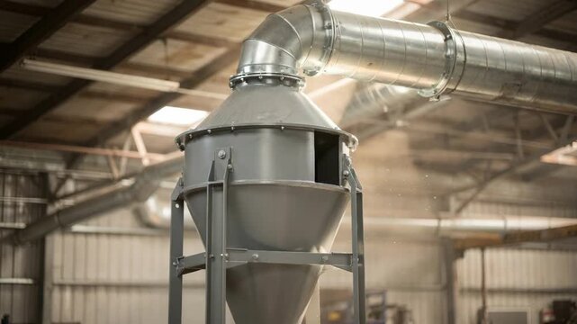 Focused medium shot of a sturdy cyclone separator connected to shiny air ductwork with soft blur on surrounding roofline and air dust indoors.