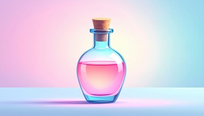 Cute love potion bottle, soft glow and pastel liquid, flat design 