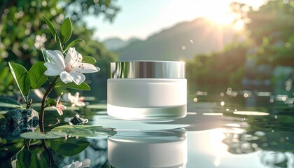Floating cosmetic jar mockup, clean diffused glow