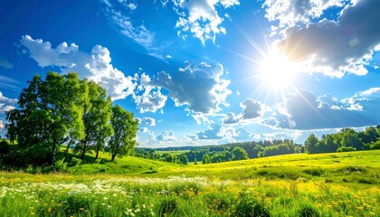 Vibrant Summer Meadow Under a Bright Blue Sky with Fluffy Clouds and Sun.